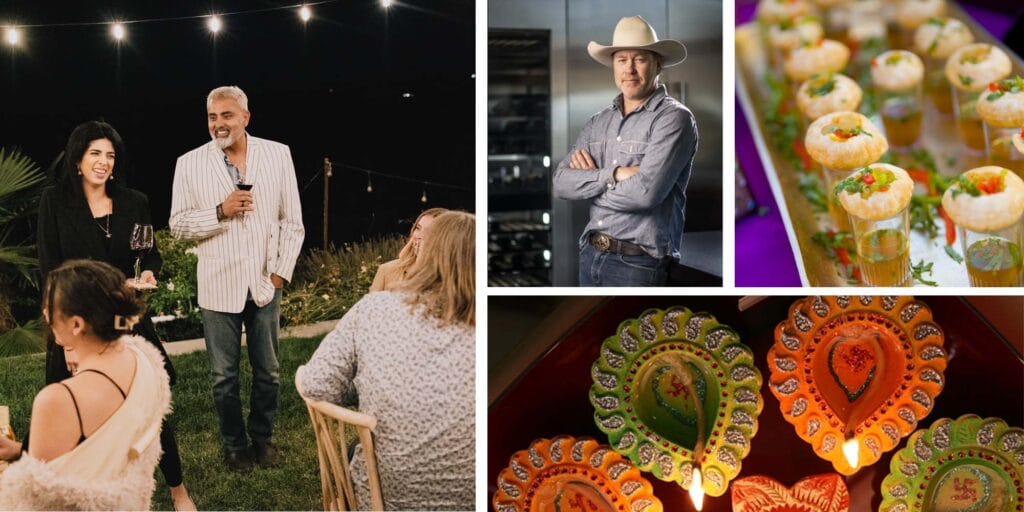 a collage of past events at Copia Vineyards and festive diwali tea lamps