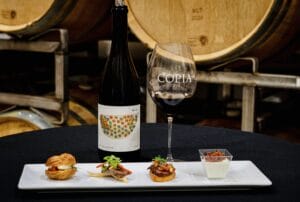 Copia wine with gourmet bites in winery barrel room