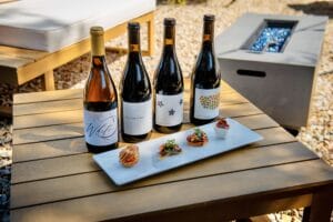 Four wine bottles with gourmet bites on wooden table