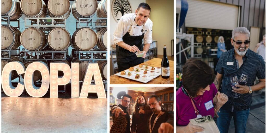 a collage of Copia Vineyards guests and owners at the winery