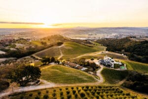 Scenic vineyard estate at sunset with rolling hills
