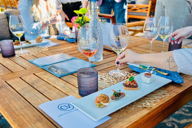 Wine and food pairing at Copia Vineyards tasting patio