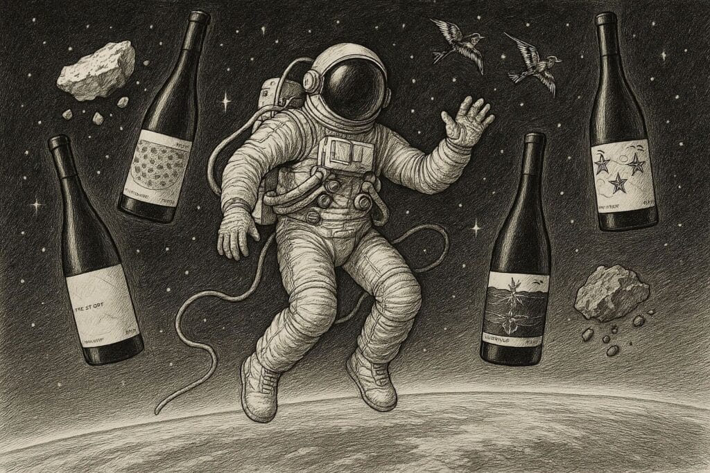 An Astronaut in Space with wine bottles and moon rocks floating around him.